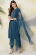 Teal Art Silk Straight Kurta Slim Pant Suit Set image number 7