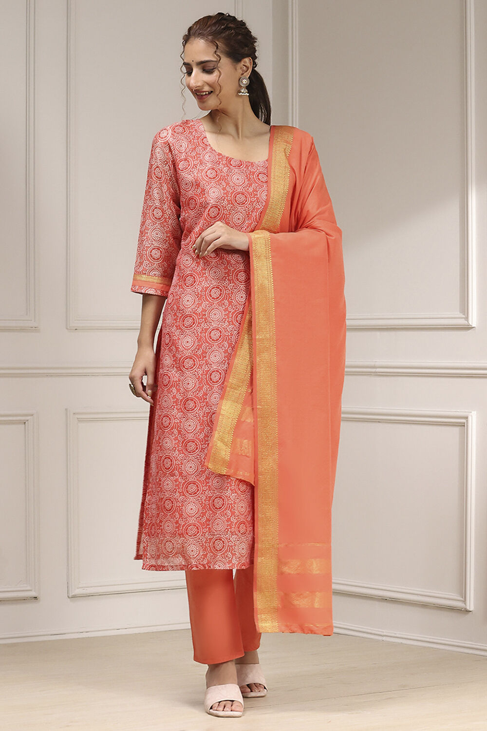 Orange Cotton Digital Print Unstitched Suit Set image number 1