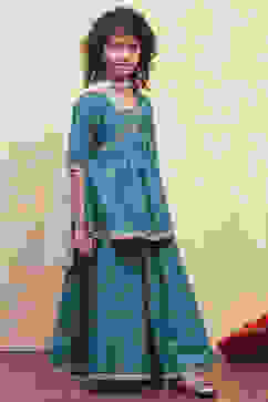 Teal Green Printed Peplum Lehenga Set image number 5