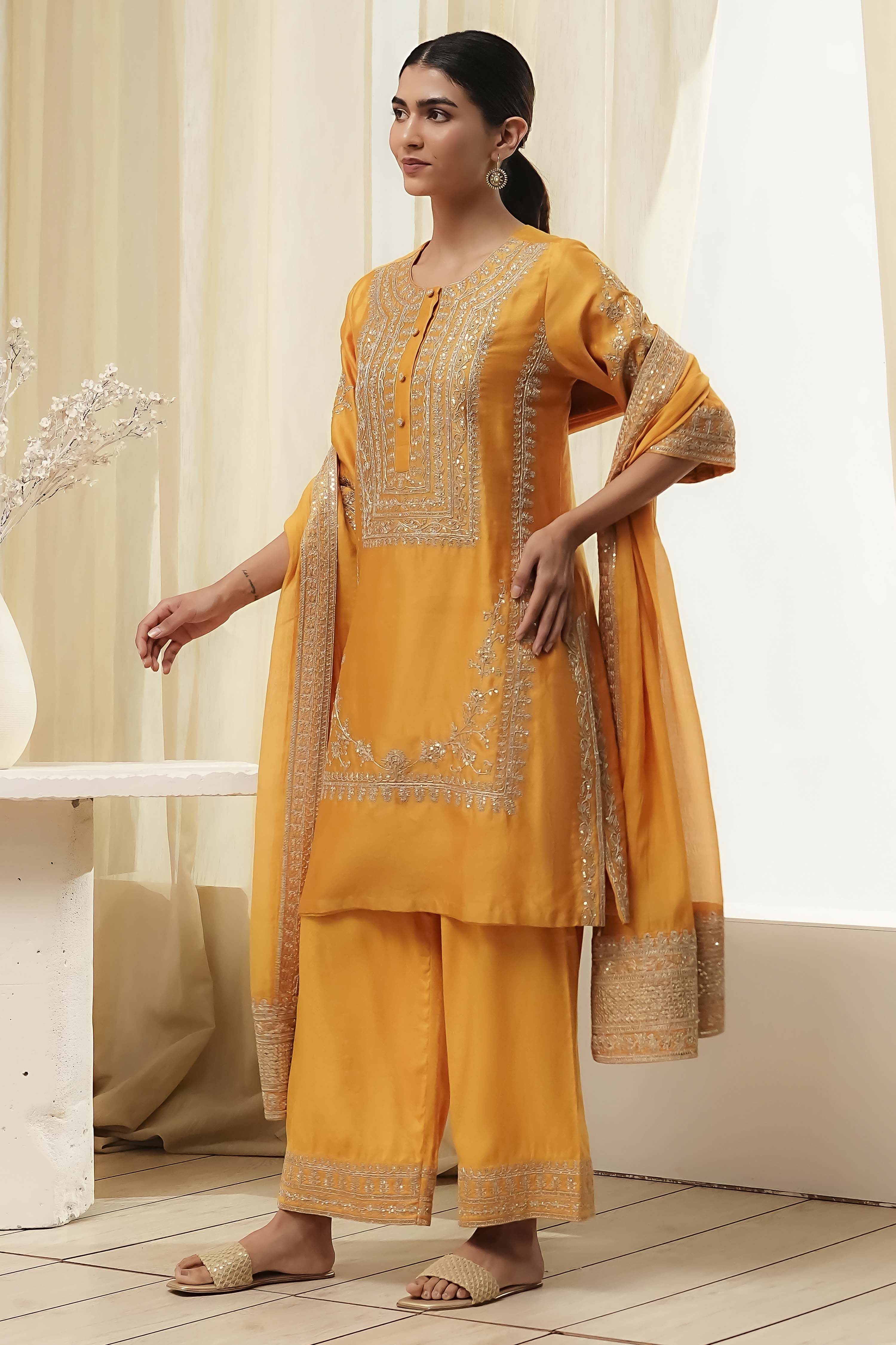 Ochre Yellow Cotton Silk Straight Suit Set image number 3