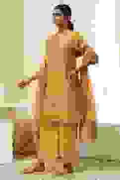 Ochre Yellow Cotton Silk Straight Suit Set image number 3