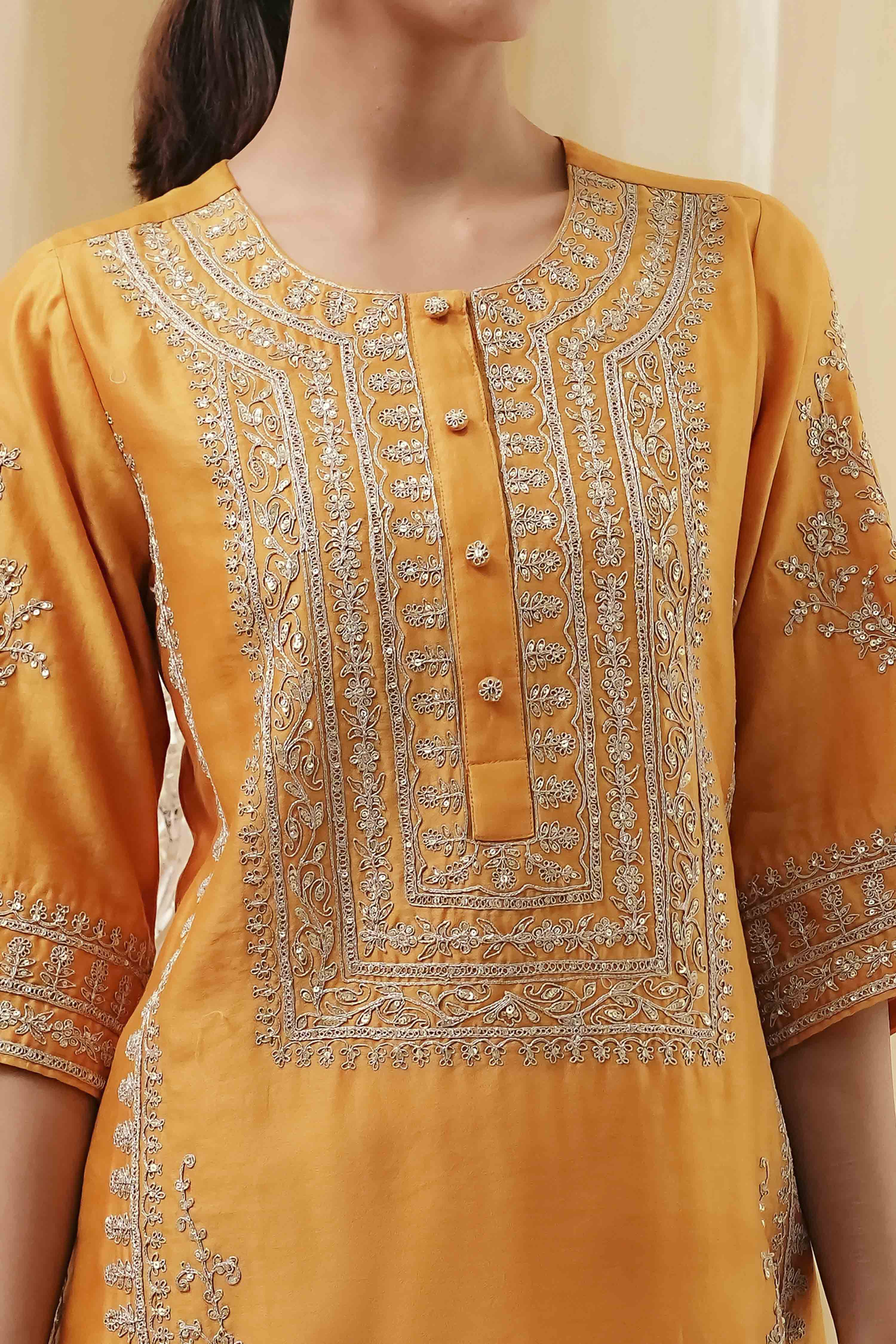 Ochre Yellow Cotton Silk Straight Suit Set image number 1