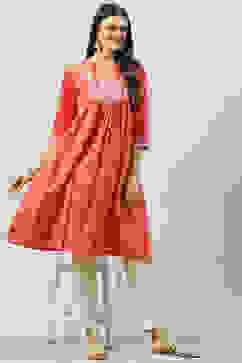 Red Cotton Flared Printed Kurta image number 5