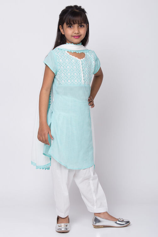Turquoise Cotton Chikankari Kurta Salwar Suit Set image number 3