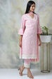 Off White Cotton Straight Kurta Slim Pant Suit Set image number 6