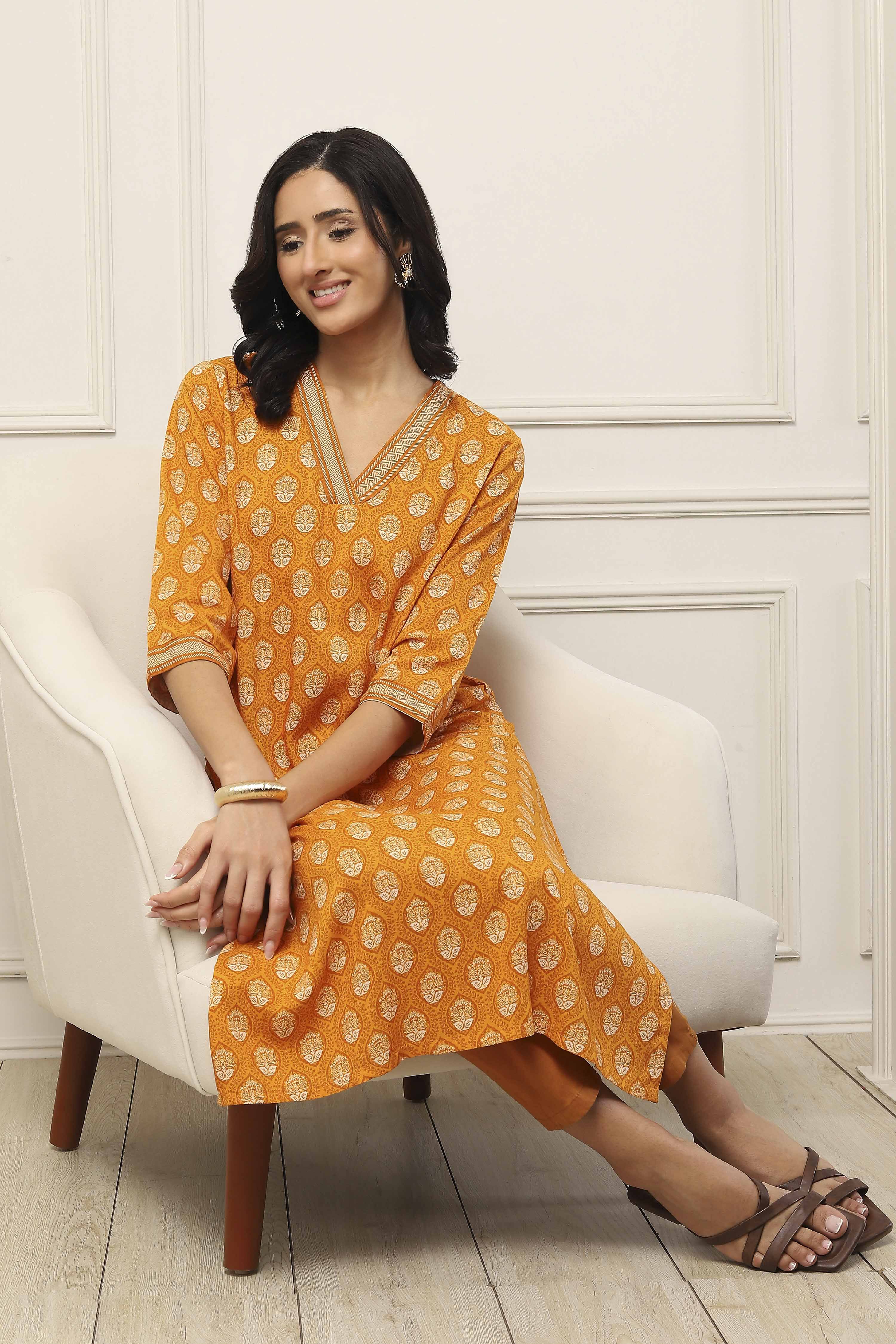 Yellow Viscose Rayon Printed Straight Kurta image number 0
