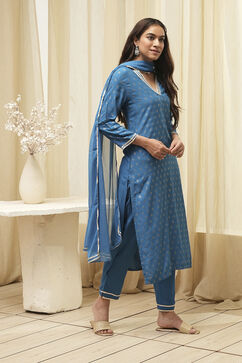 Blue Rayon Straight Kurta Pant Suit Set image number 5