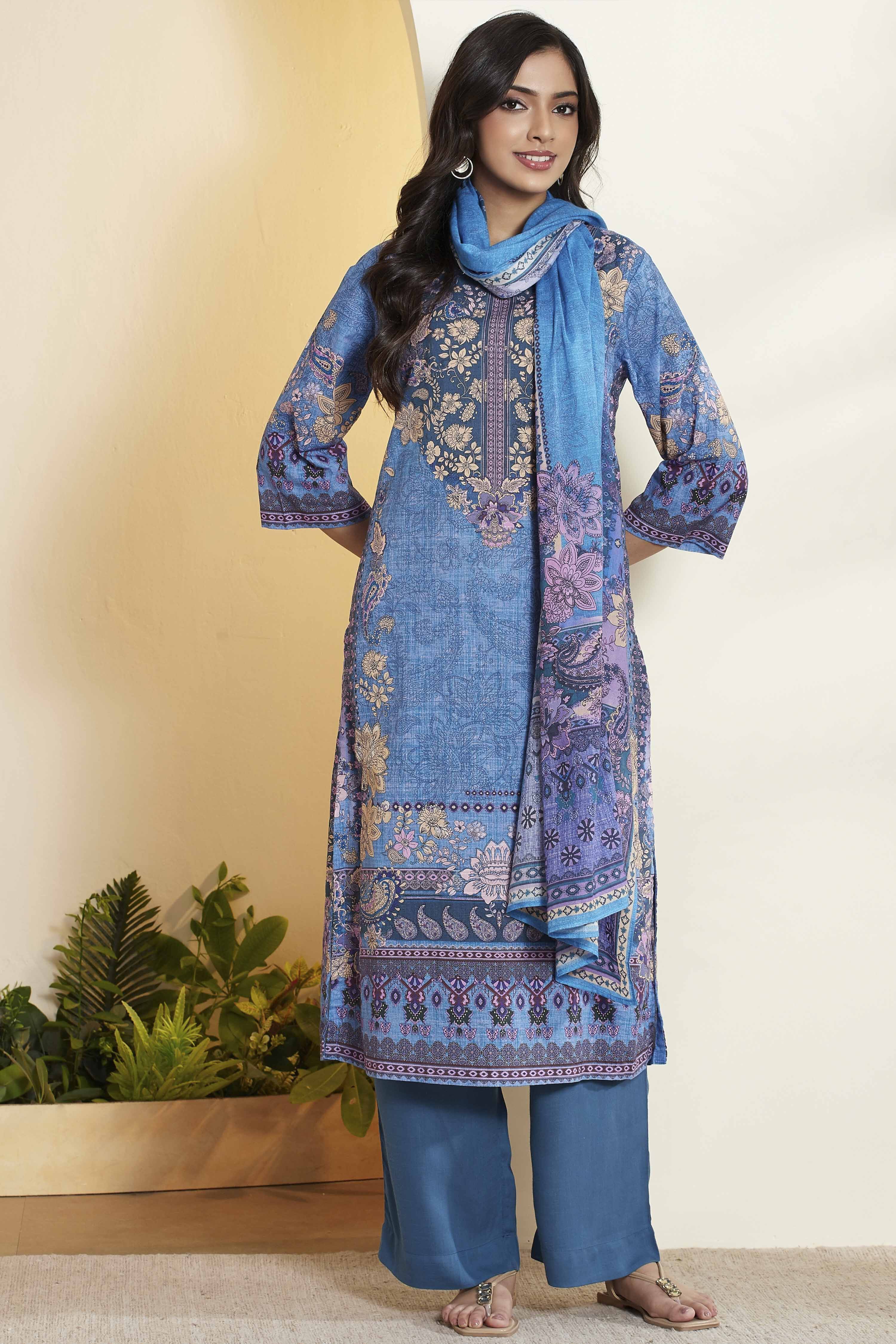 Blue Cotton Printed Straight Kurta Set image number 7