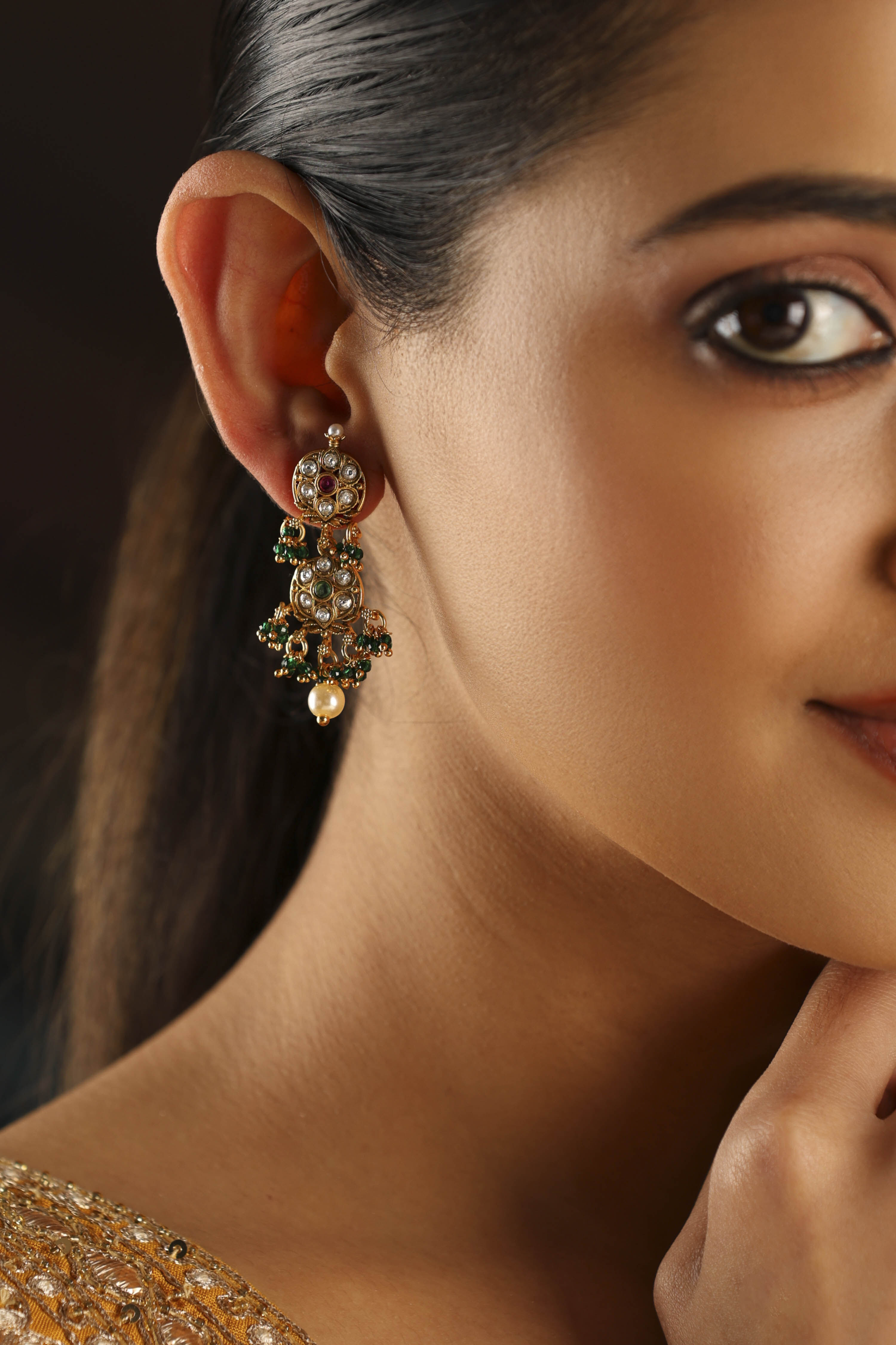 Gold Plated Brass Stone Studded Drop Earrings image number 1