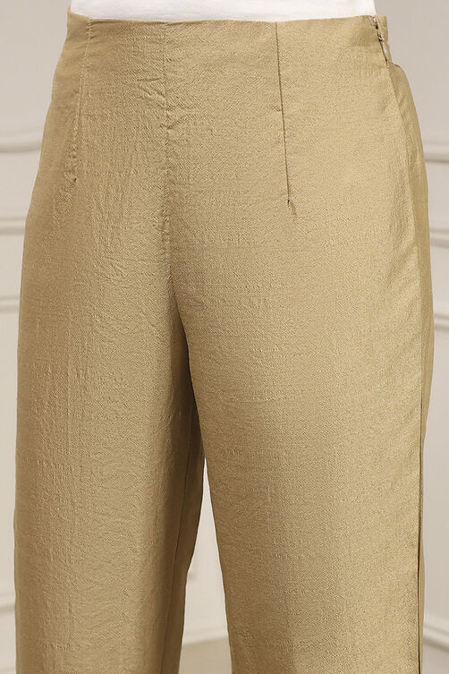 Beige Viscose Rayon Fitted Solid Pants image number 5