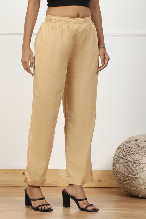 Beige Solid Mid-Rise Regular Pants image number 3