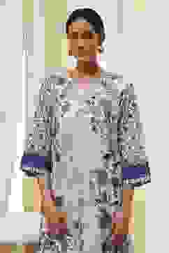 Off-White and Blue Cotton Straight Suit Set image number 1