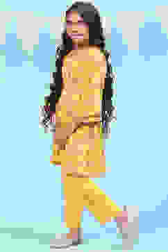 Yellow Rayon Kalidar Printed Kurta Set image number 3