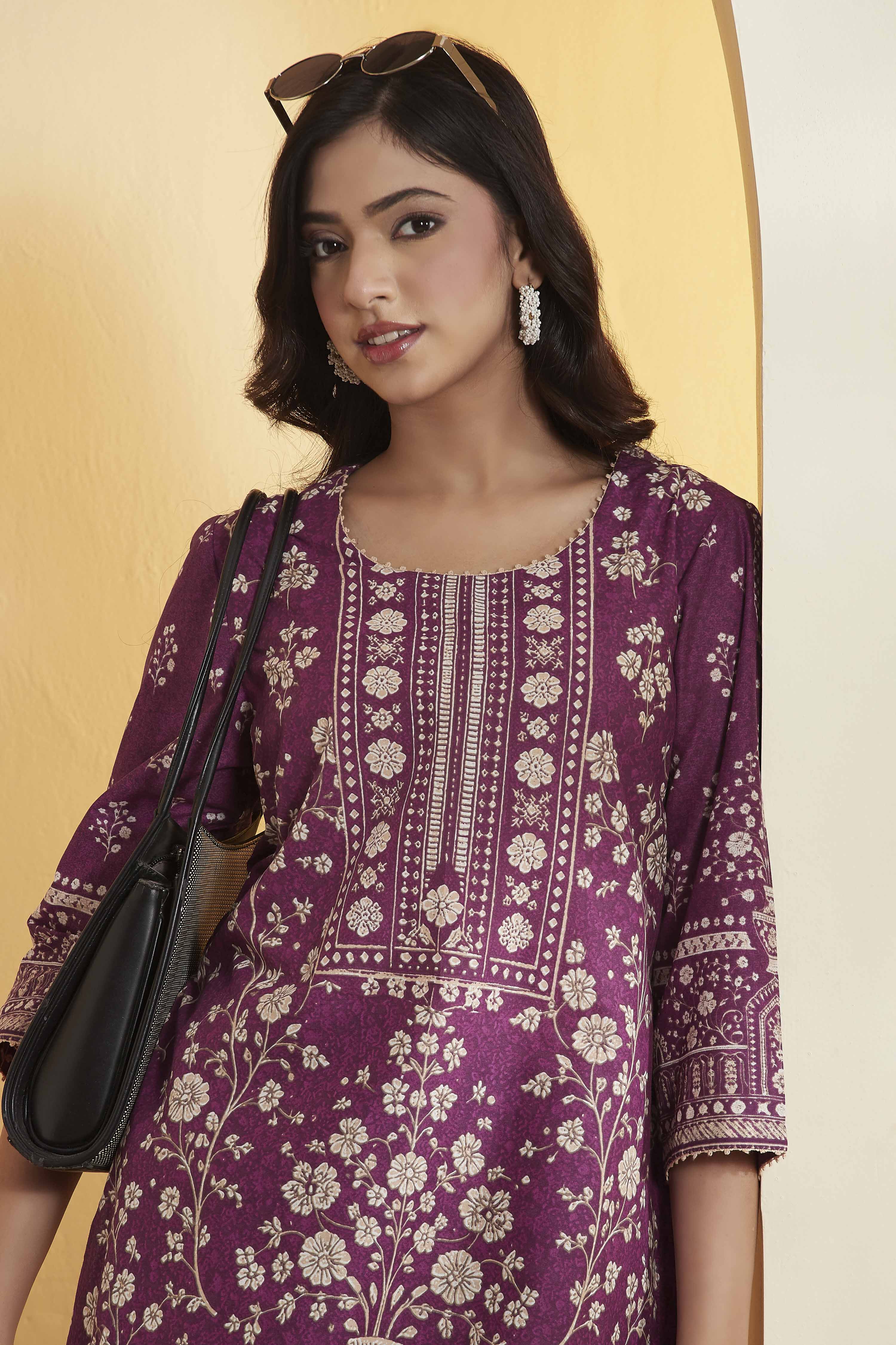 Purple Cotton Floral Printed Straight Kurta image number 1