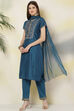 Teal Art Silk Straight Kurta Slim Pant Suit Set image number 0