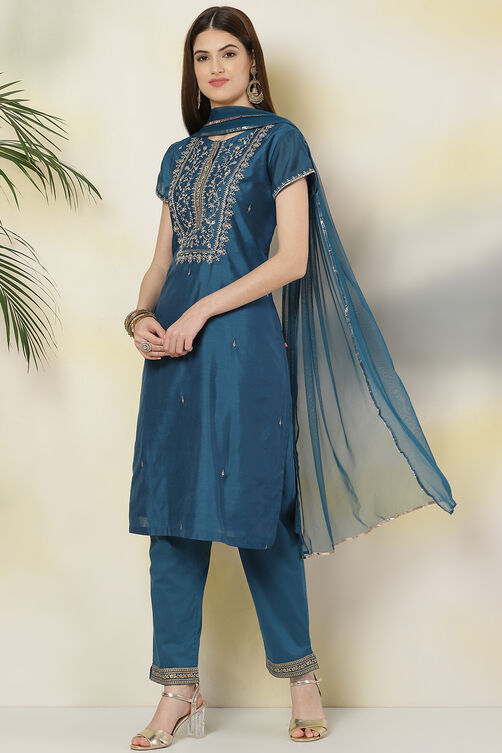 Teal Art Silk Straight Kurta Slim Pant Suit Set image number 0