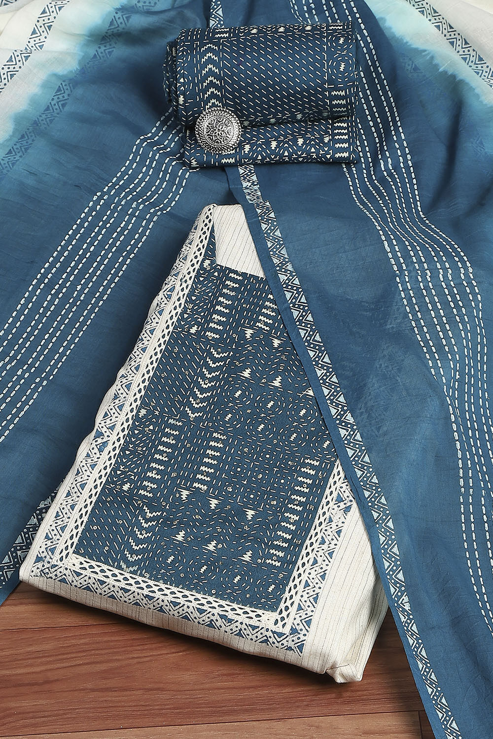 Off- White and Blue Cotton Printed Unstitched Suit Set image number 0
