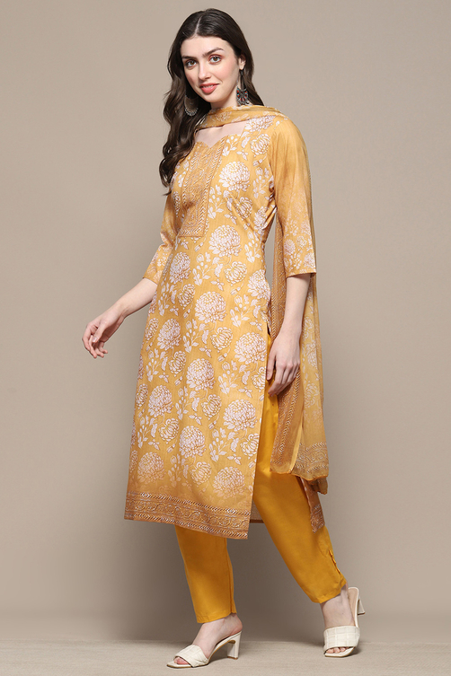 Mustard Cotton Blend Digital Print Unstitched Suit Set image number 5