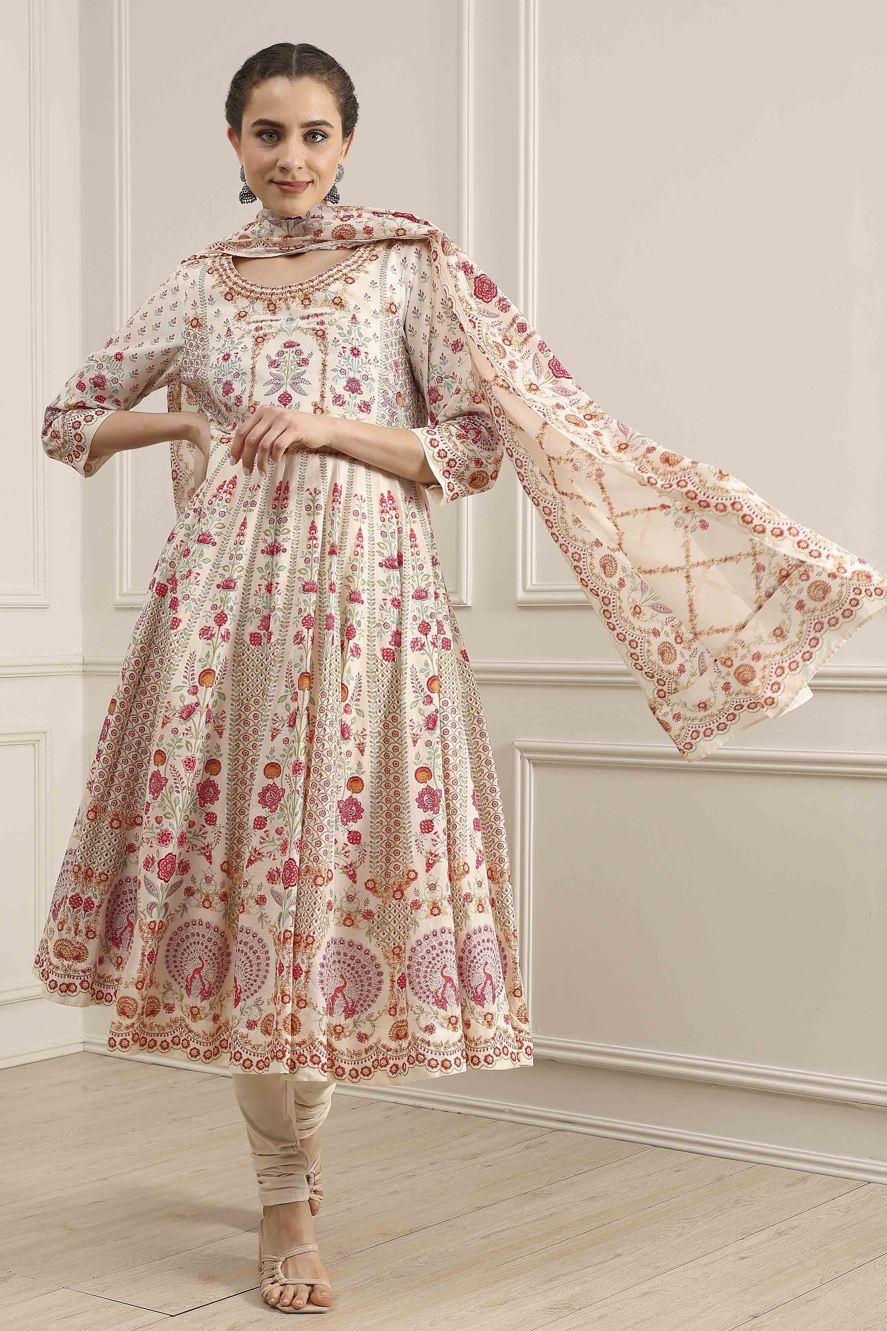 Off-White Cotton Printed Anarkali Suit Set image number 0