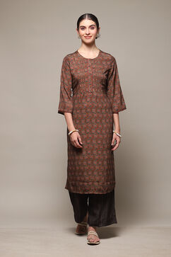 Brown Art Silk Straight Kurta Palazzo Suit Set image number 6
