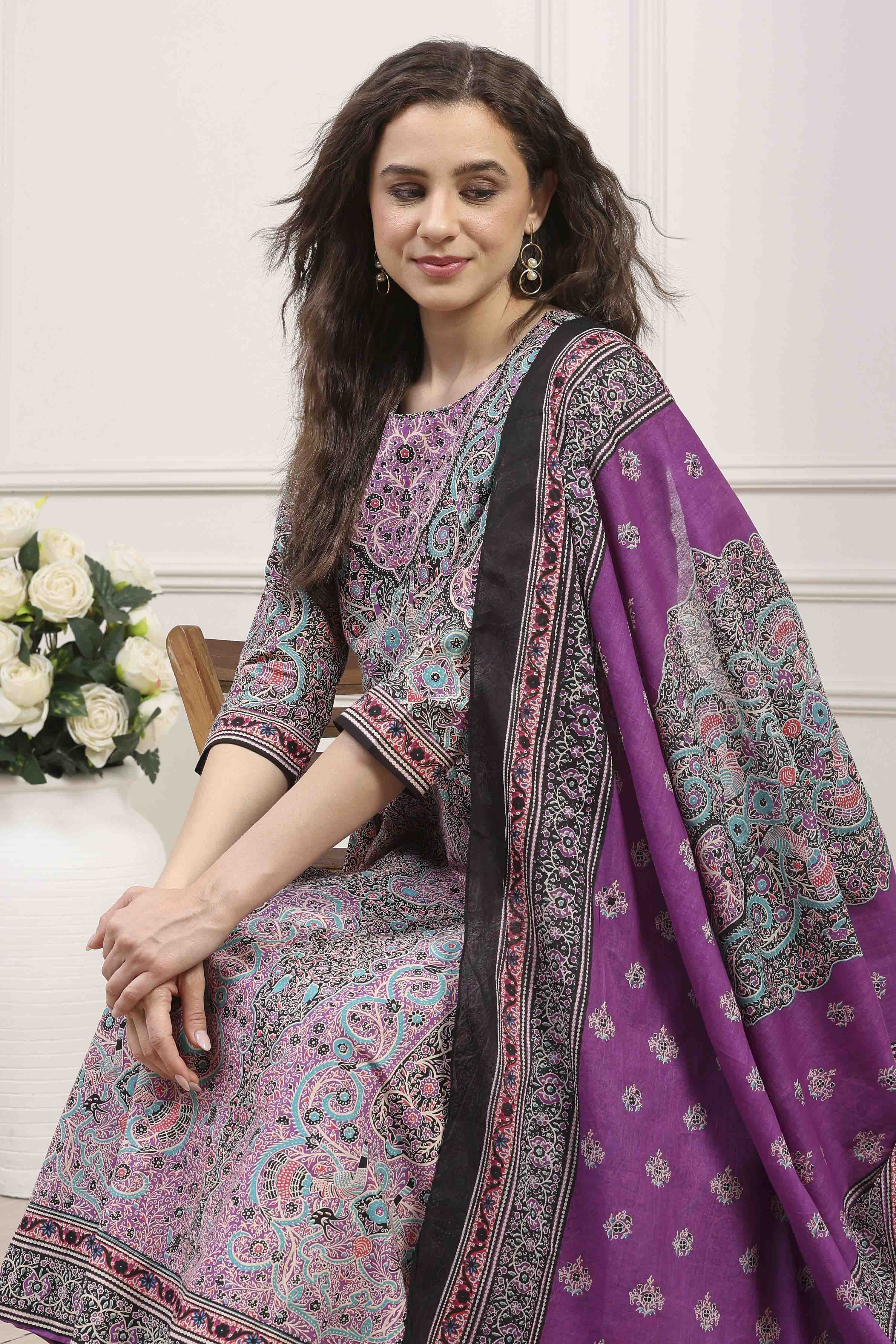 Purple Cotton Printed Anarkali Suit Set image number 6
