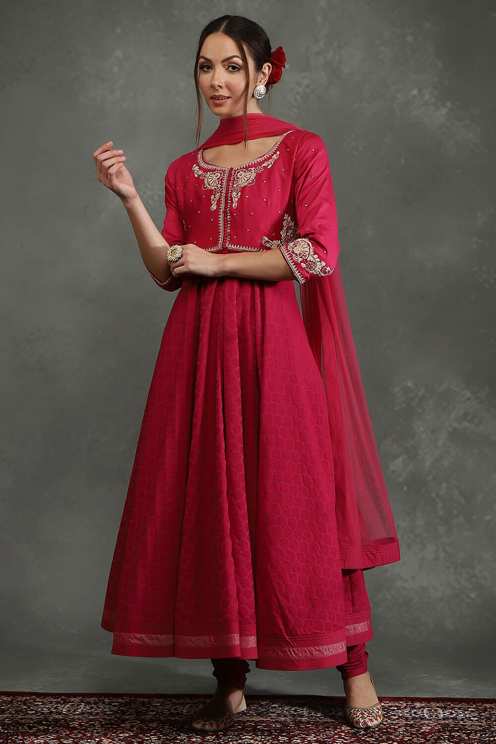 Rohit Bal Pink Silk Chanderi Floral Anarkali Suit Set image number 3