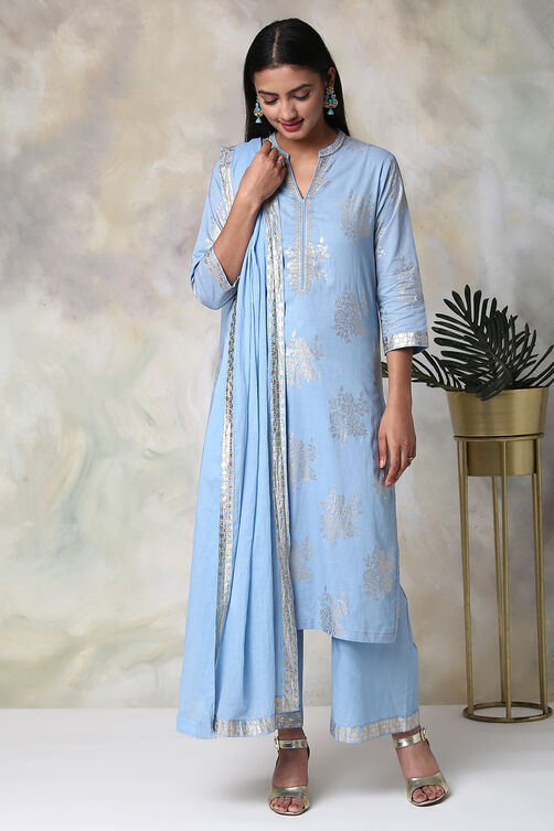 Light Blue Cotton Straight Kurta Palazzo Suit Set image number 0