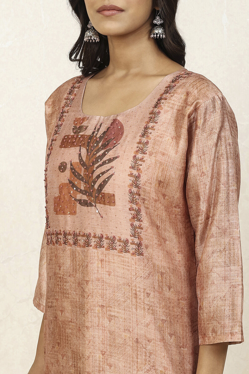 Peach Silk Blend Printed  Embroidered Unstitched Suit Set image number 2