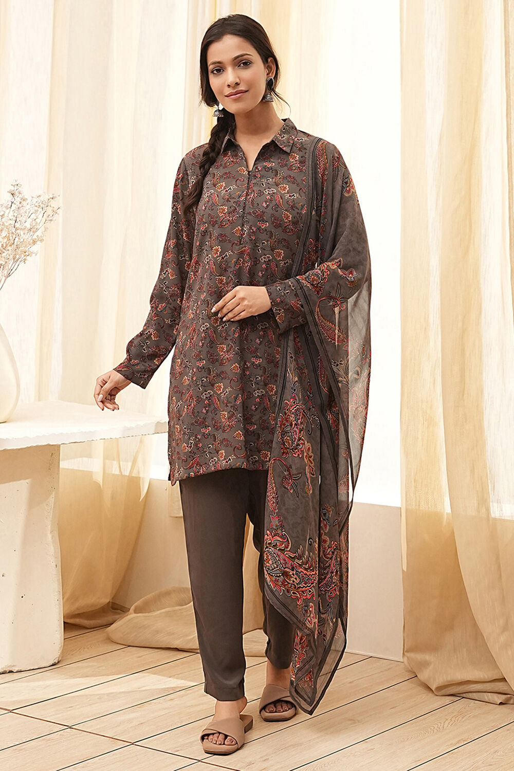 Olive Green Printed Straight Suit Set image number 6