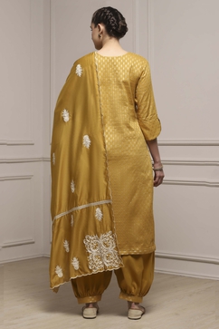 Yellow Cotton Blend Thread Embroidered Unstitched Suit Set image number 5