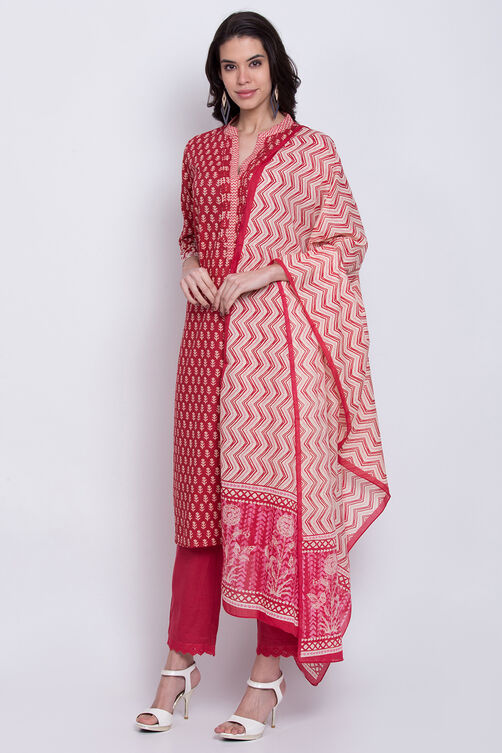 Red Cotton Straight Kurta Pant Suit Set image number 2