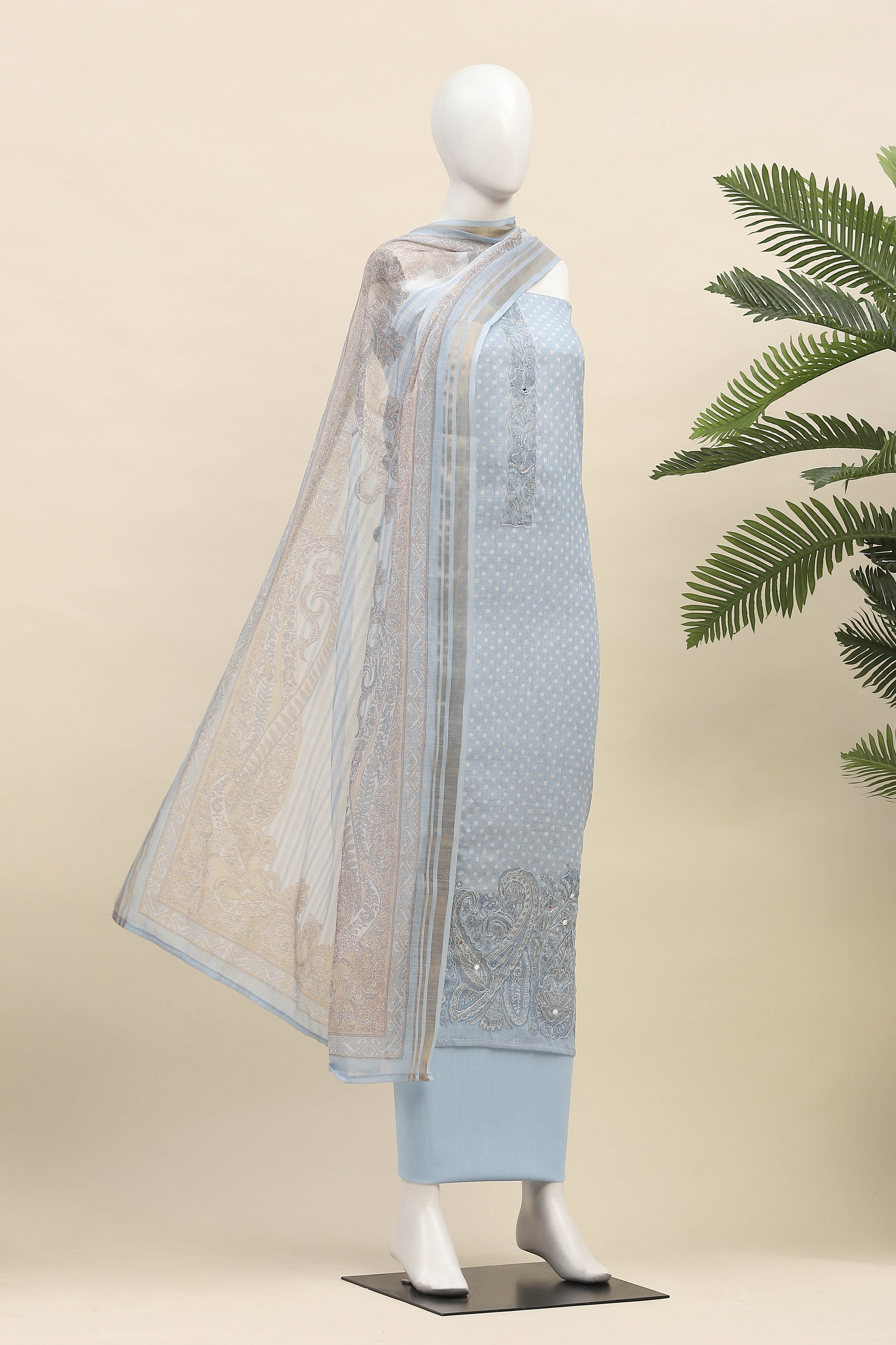 Sky Blue Linen Unstitched Suit Set image number 4