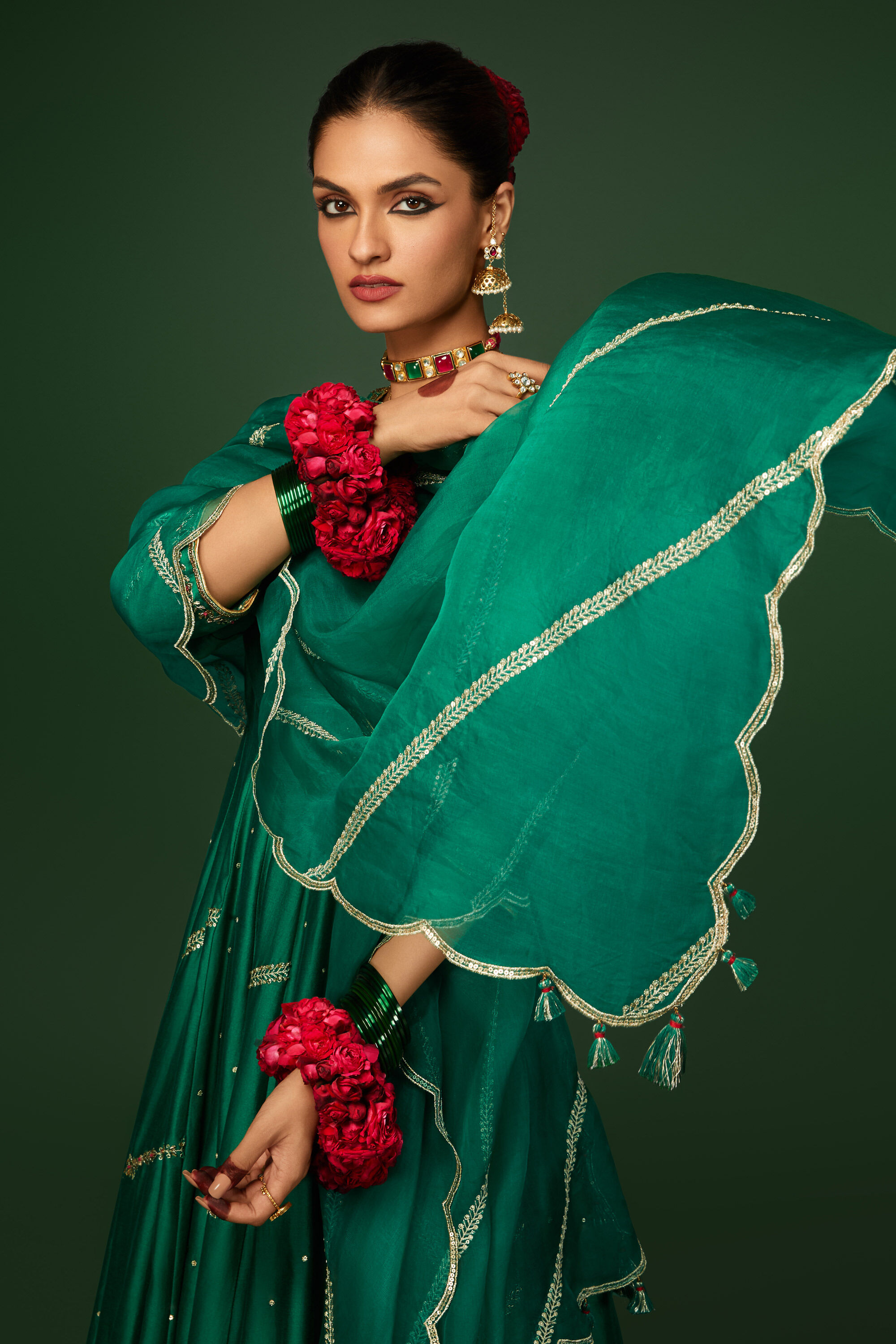 Green Embroidered Angrakha Festive Anarkali Suit Set image number 1