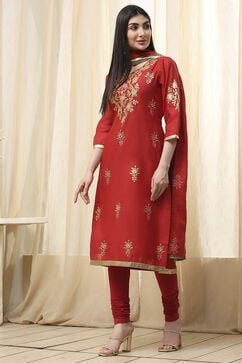 Red Poly Chanderi Fitted Suit Set image number 3