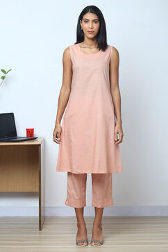 Peach Art Silk Straight Kurta Relaxed Pant Suit Set image number 5