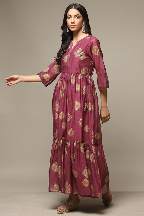 Golden Yellow Cotton Blend Tiered Printed Dress image number 3