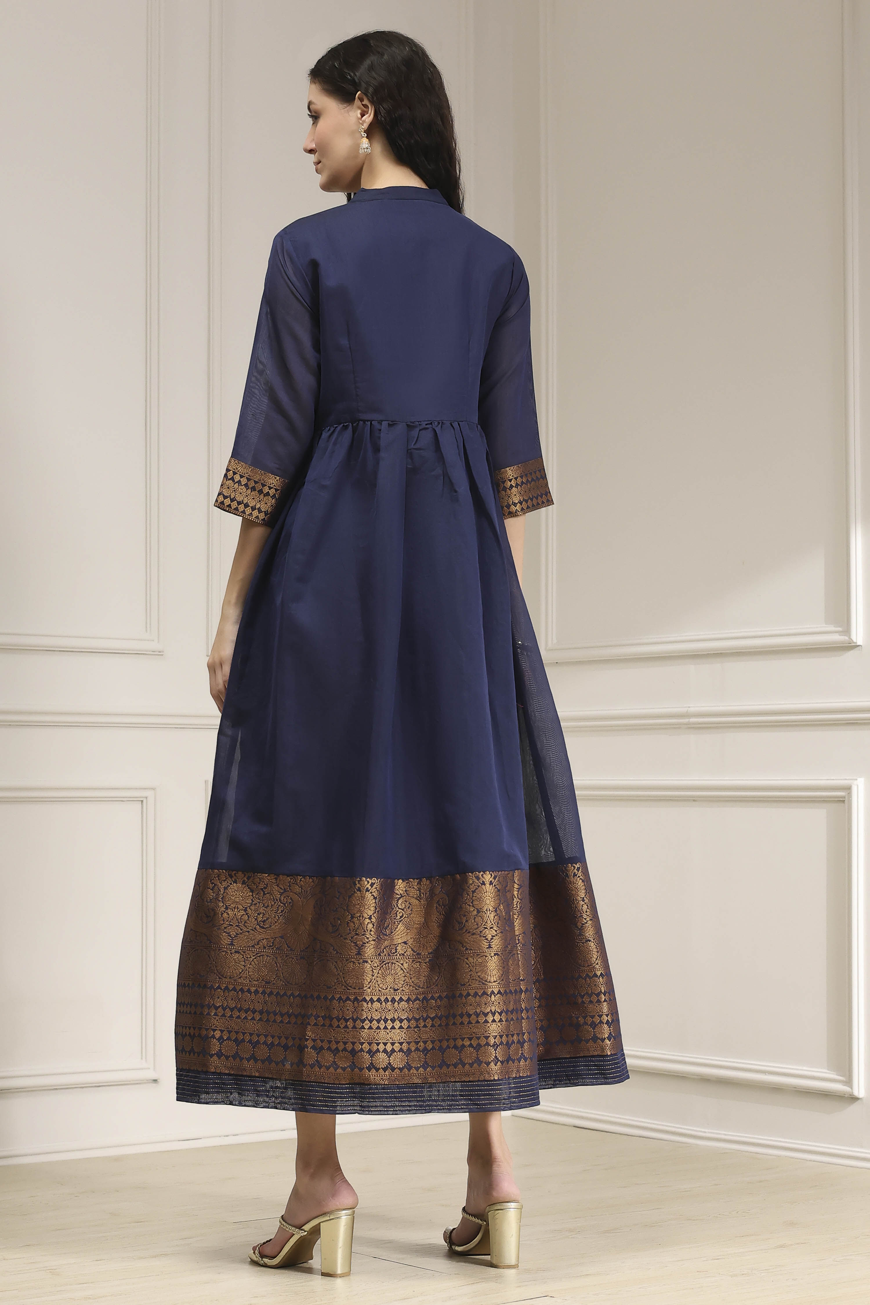 Navy Blue Yarn-Dyed Flared Kurta image number 3