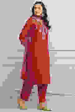 Red Art Silk Straight Kurta Slim Pant Suit Set image number 5