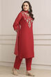 Red Art Silk Straight Kurta Slim Pant Suit Set image number 5