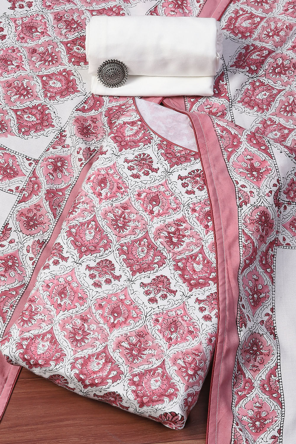 White Green Muslin Unstitched Suit set image number 0