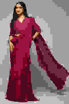 Berry Pre-Draped Nylon Saree With A Stitched Blouse image number 5