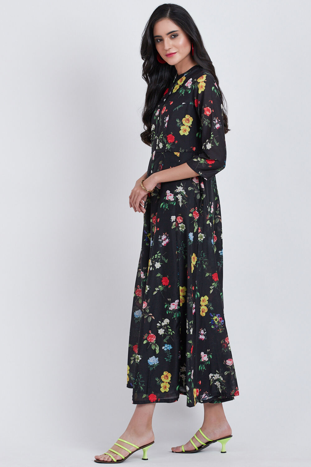 Black Art Silk Flared Printed Dress image number 2