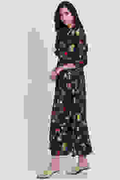 Black Art Silk Flared Printed Dress image number 2