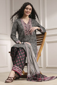 Black Cotton Printed Straight Suit Set image number 0