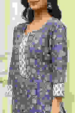 Blue and White Cotton Screen Print Unstitched Suit Set image number 2