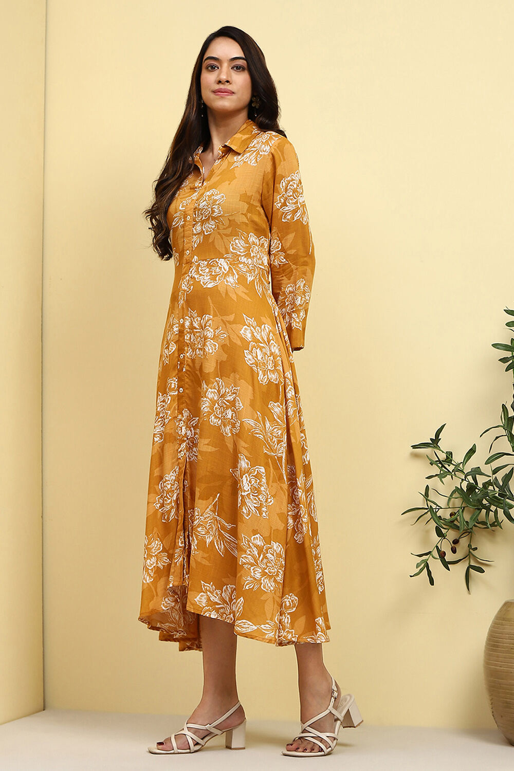 Mustard Yellow Floral Printed Shirt Style A-line Dress image number 2