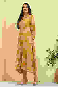 Mustard Yellow Floral Printed Shirt Style A-line Dress image number 2