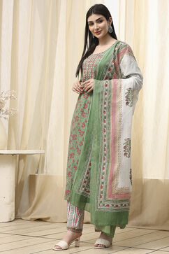 Green Cotton Screen Print Unstitched Suit Set image number 4