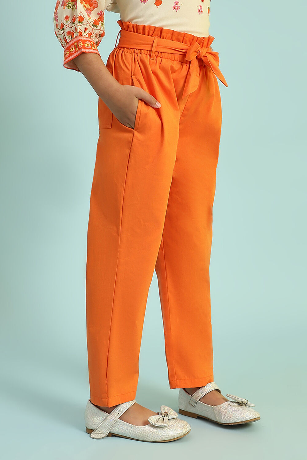 Orange Cotton Solid Regular Pants image number 3