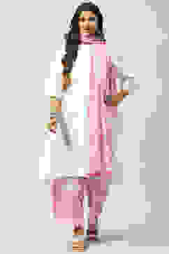 White and Pink Cotton Straight Kurta Palazzo Suit Set image number 4